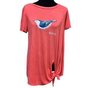 Hand Printed Upcycled Womens Medium Maternity Nuthatch Blue Bird Tee Shirt